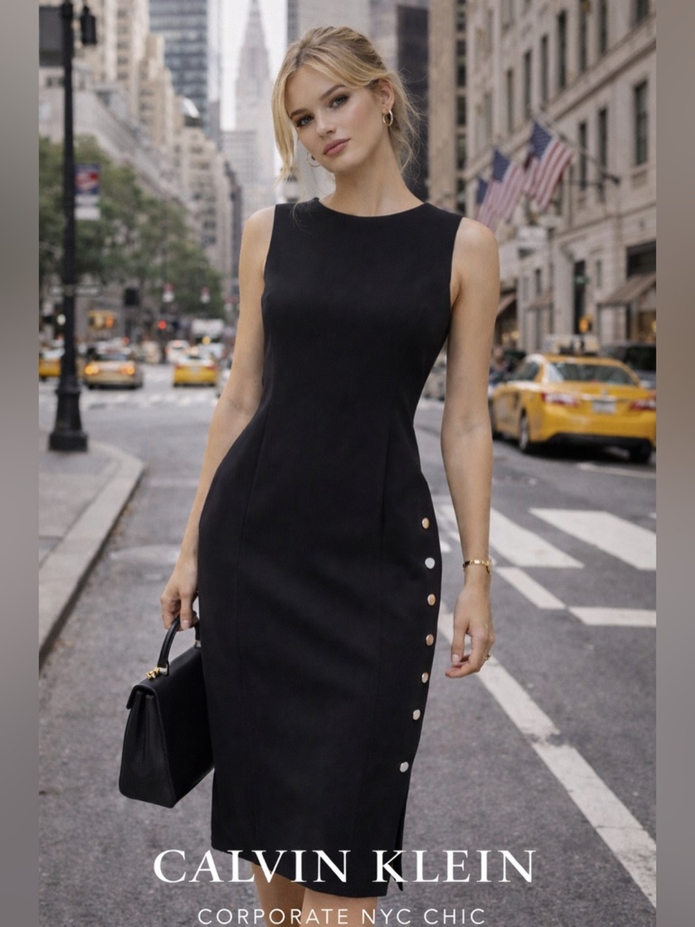 Calvin Klein Black Sheath Midi Dress ✨ Silver Button Detail Work Office Chic - Picture 3 of 9